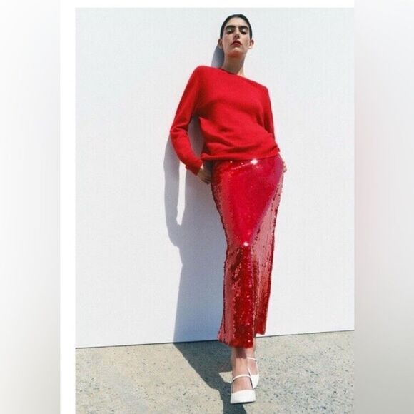 ZARA ZW COLLECTION RED SEQUIN SKIRT - Picture 3 of 16
